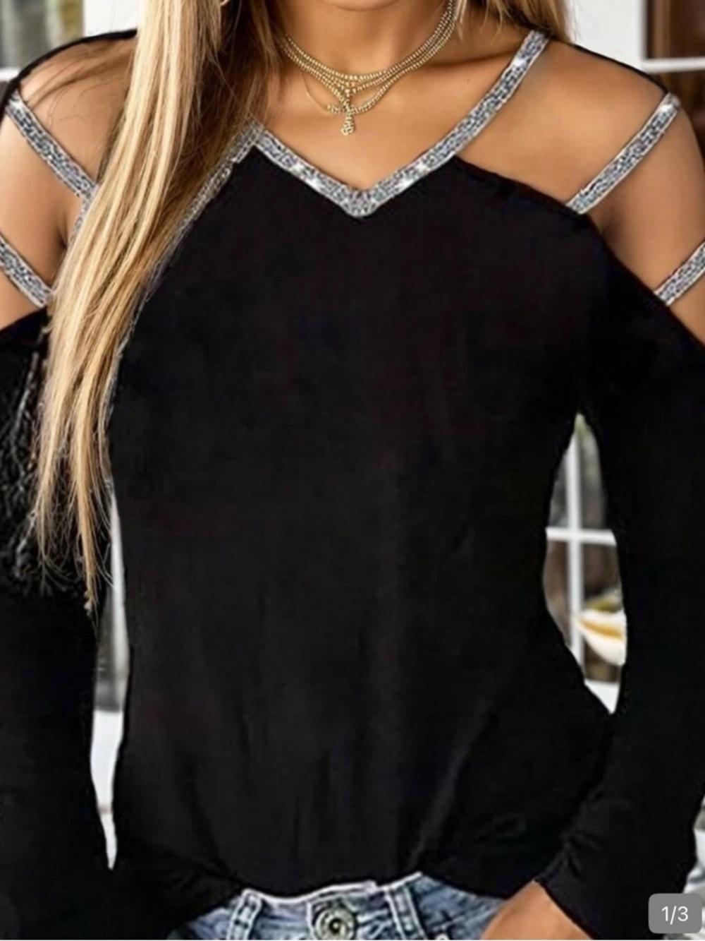 Black Cold-Shoulder Top with Embellished Straps